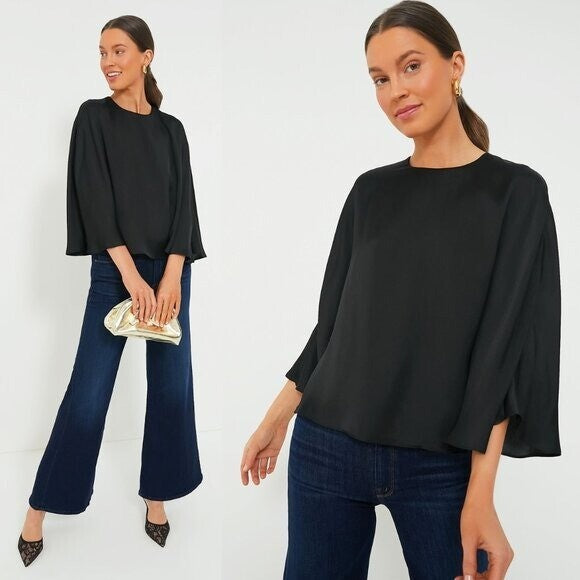 Tuckernuck NEW Black Selma Satin Twill Cape Flowy Round Neck Blouse Top Size M